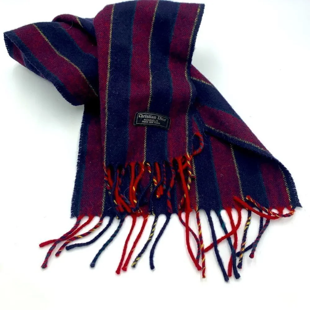 Auth Vtg Christian DIOR Stripe Wool Scarf. Circa 70s Pristine Preloved Wrap